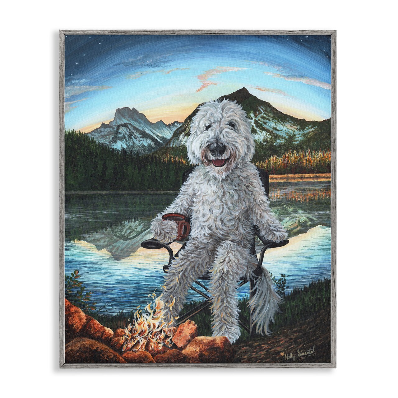 Stupell Industries Dog by Campfire Landscape Black Framed Giclee Art